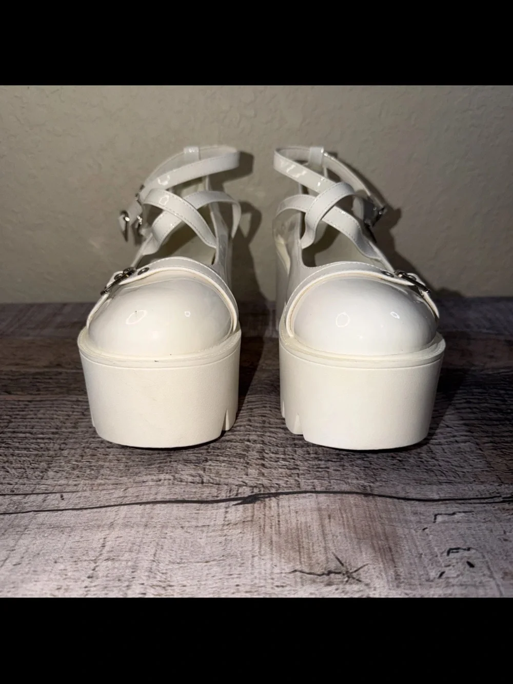 Lolita Platform Mary Jane Shoes White PU Heart Buckles Size 41 10-10.5